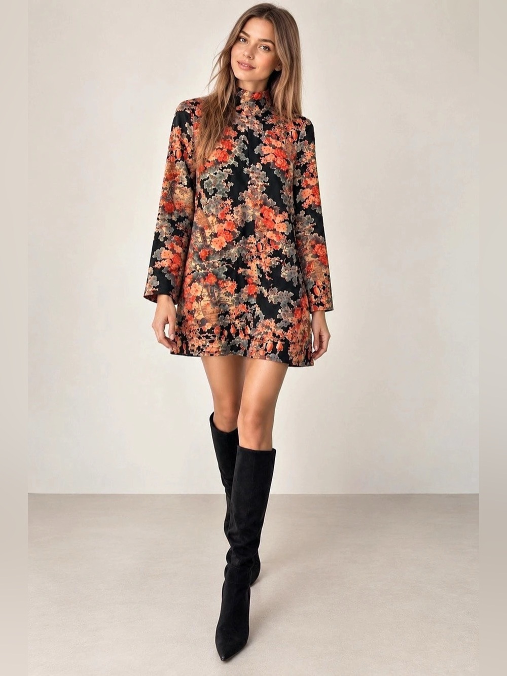 ZARA Black Multicolor Oriental Floral Print High Neck Mini Dress Size S